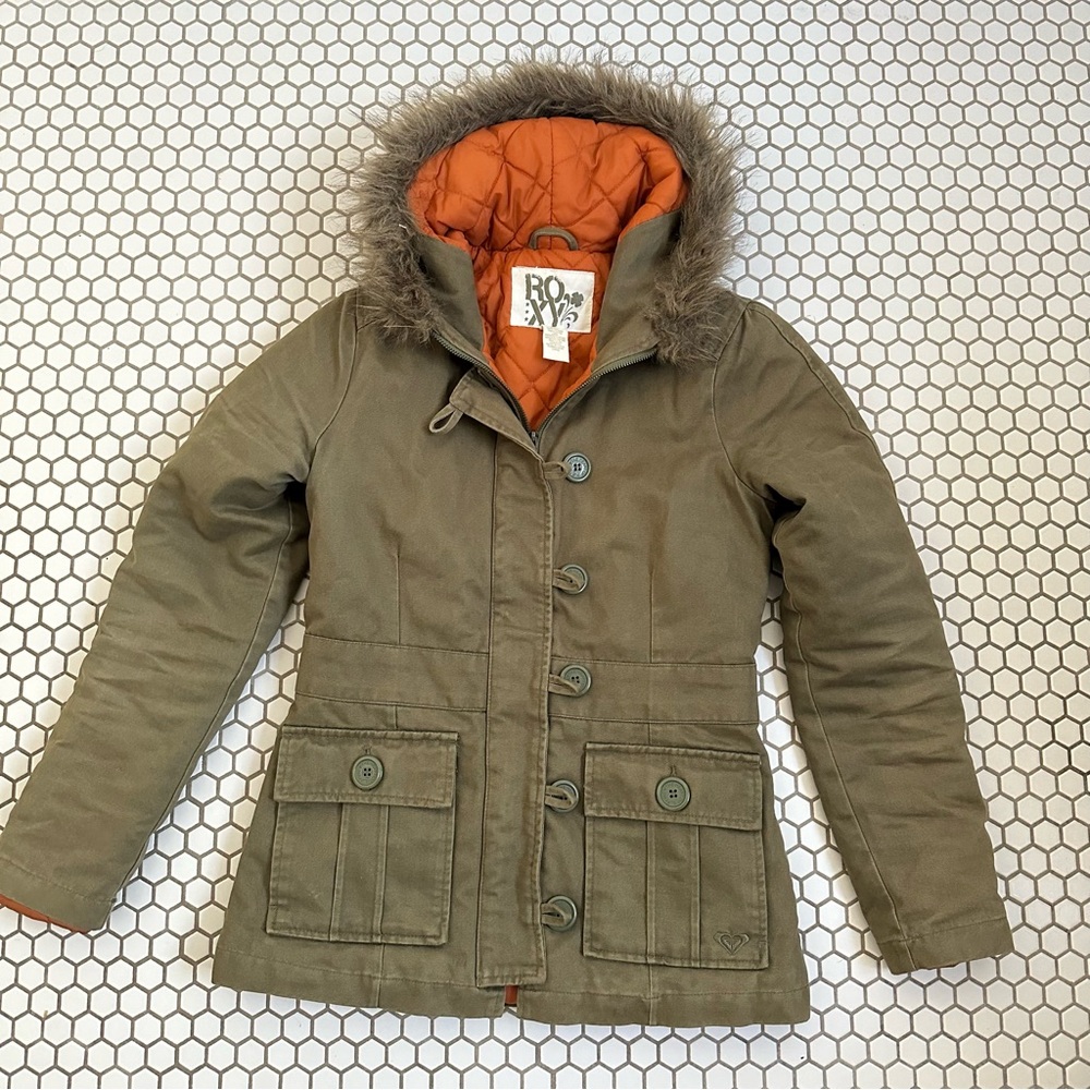 army green roxy jacket with fur hood